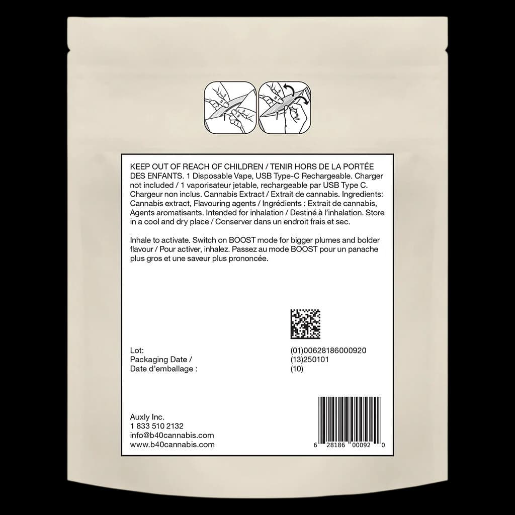 Back Forty Rainbow Melon BOOSTED disposable vape packaging rear label showing usage instructions, ingredients, lot number, and regulatory barcodes