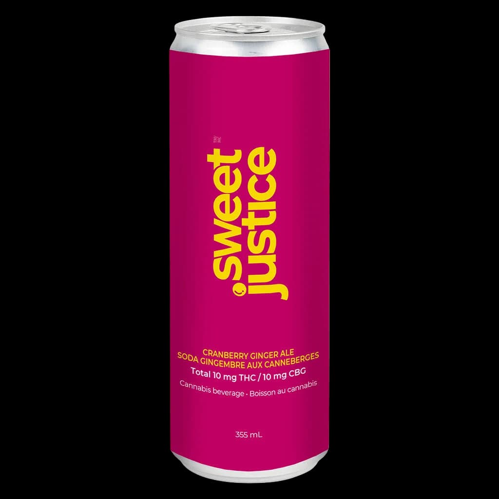 Sweet Justice Cranberry Ginger Ale cannabis beverage, 355 mL can with 10 mg THC and 10 mg CBG