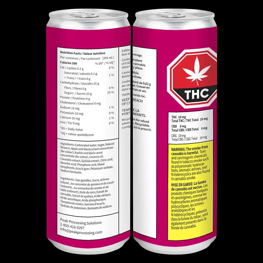 Sweet Justice Cranberry Ginger Ale 10mg THC + 10mg CBG cannabis beverage, 355mL aluminum can with magenta label, front and back view showing nutrition facts and Health Canada warning label