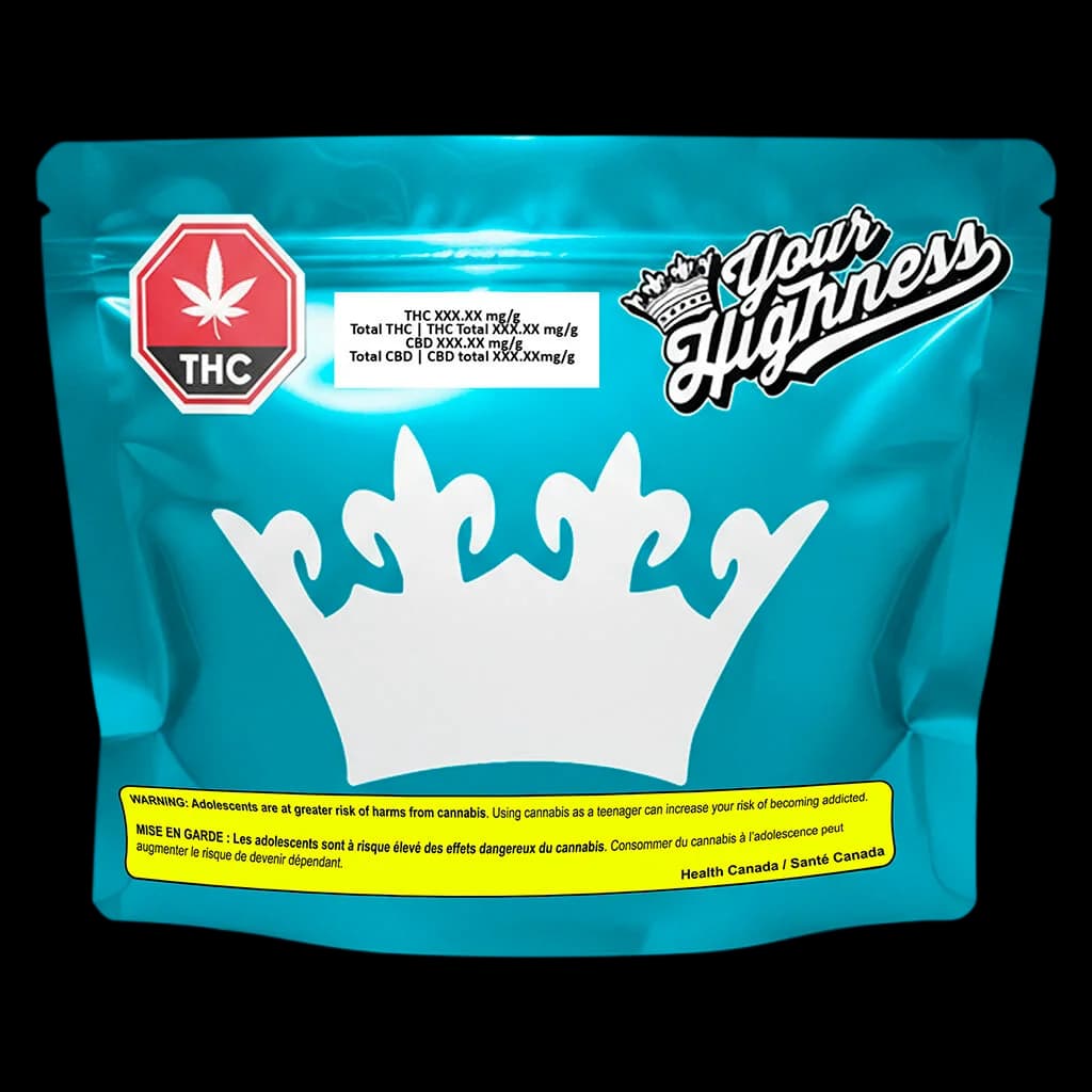 Sachet de fleurs séchées de cannabis Your Highness Tropical Pressure avec emballage turquoise, symbole THC rouge et logo de couronne blanche
