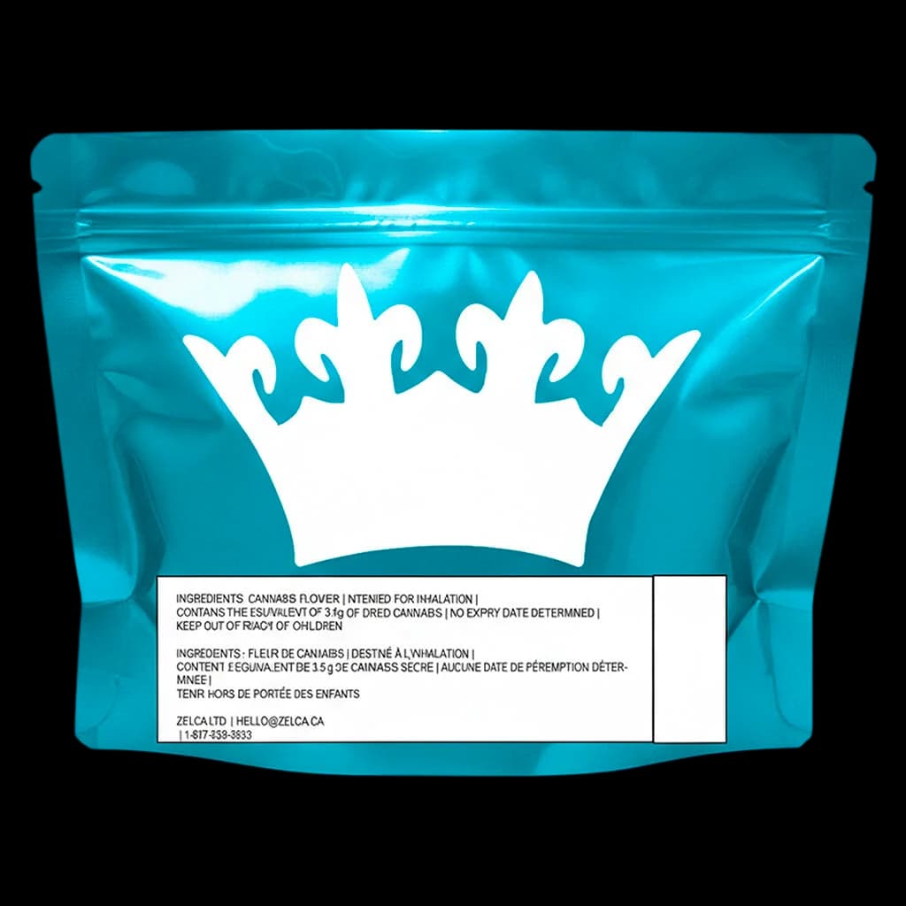 Your Highness Tropical Pressure 3.5g cannabis dried flower in turquoise pouch with crown logo