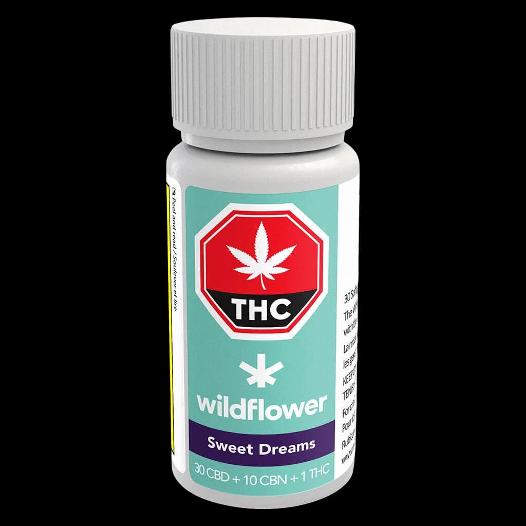 Wildflower Sweet Dreams softgel capsules, 30 CBD + 10 CBN + 1 THC, white bottle with turquoise and navy label