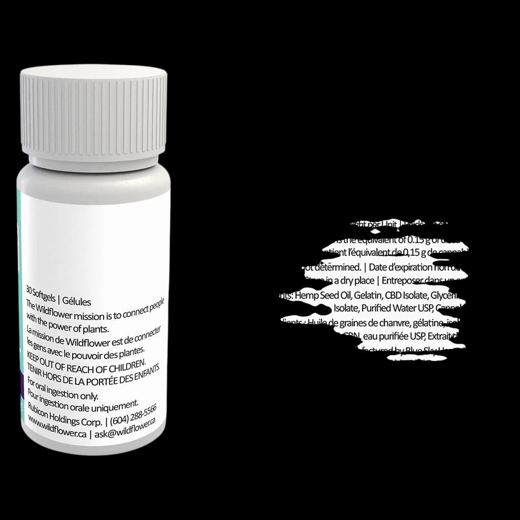 Wildflower Sweet Dreams CBD + CBN + THC softgels bottle with white cap and teal accent stripe, showing 30-count packaging and ingredient label