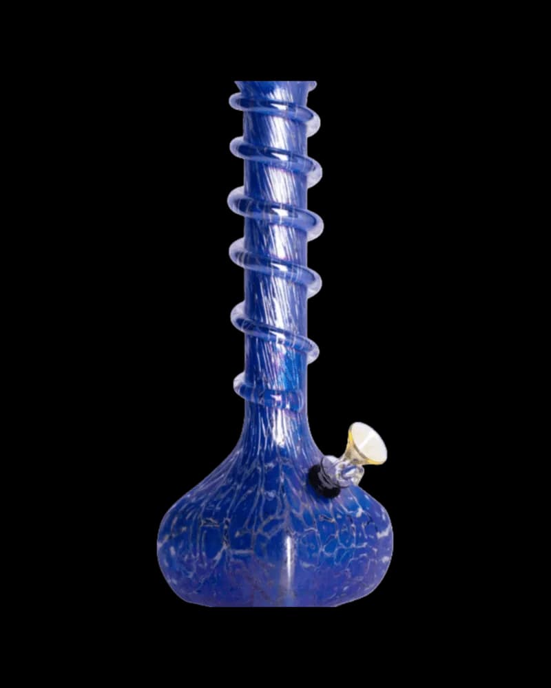 Retro Glass Platinum Metallic Xanthi water pipe with blue glass body, spiral wrap design, and bowl attachment