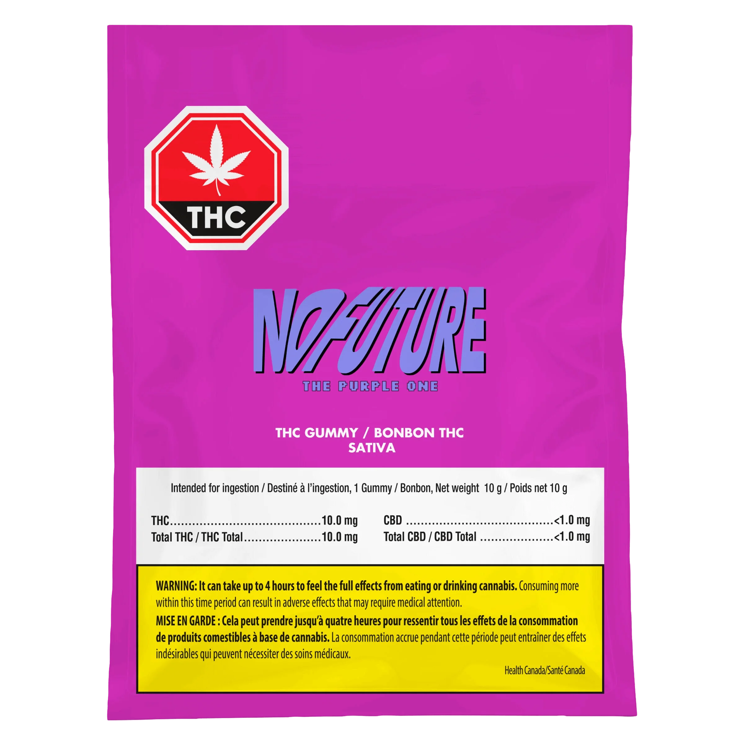 No Future The Purple One Sativa THC gummy package with red THC warning symbol on magenta background, 10mg THC per gummy