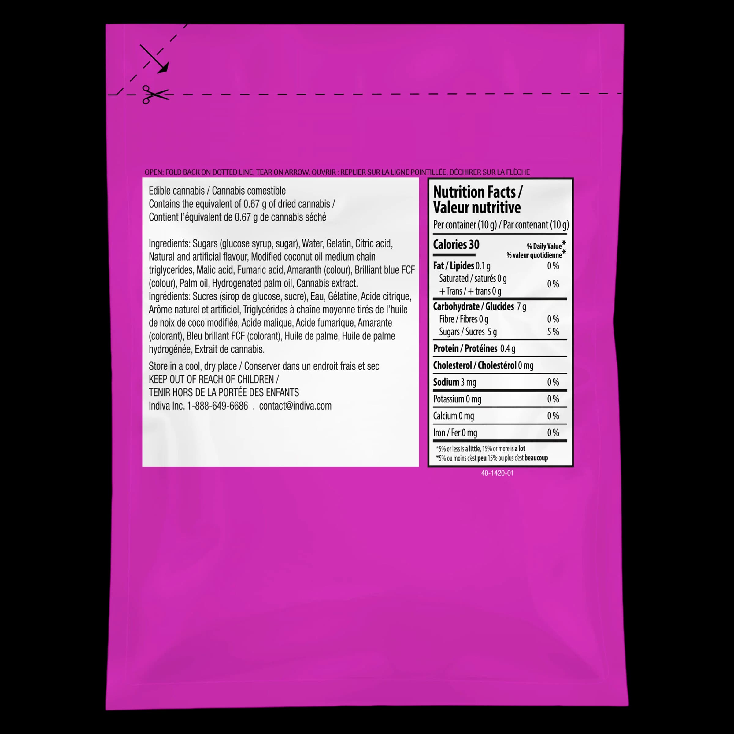 No Future Purple One Sativa THC gummy package rear label showing nutrition facts, ingredients, and cannabis content of 0.67g per 10g container