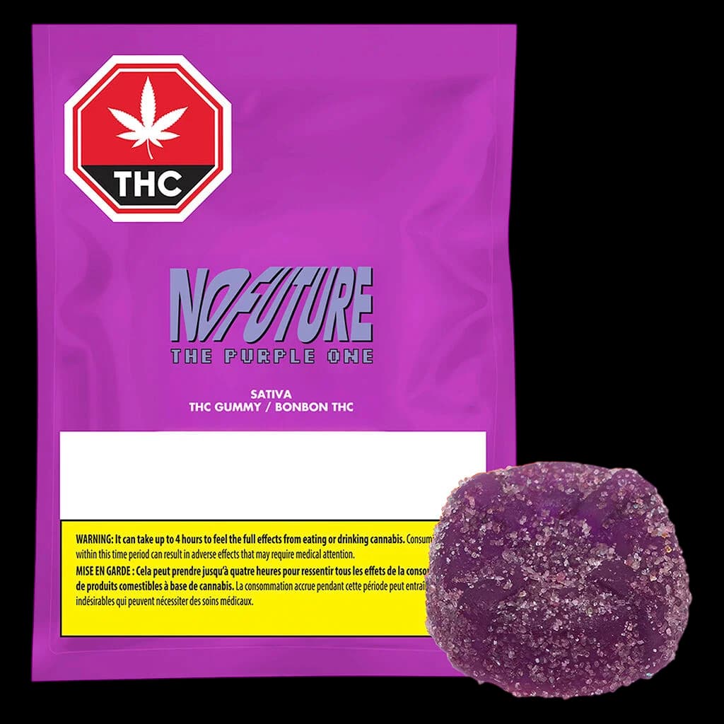 No Future The Purple One sativa THC gummy, purple-coated soft chew displayed beside bright purple packaging with THC warning symbol