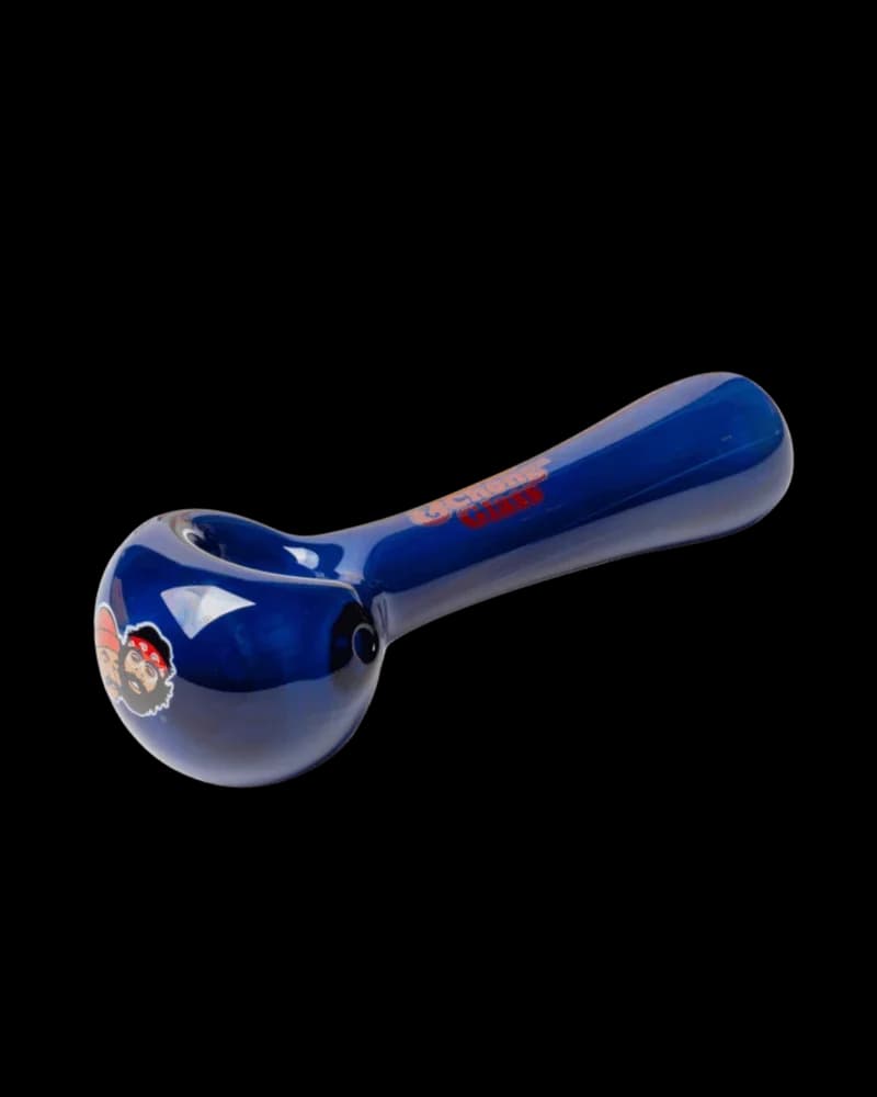 Cheech & Chong Glass Sun Kings hand pipe, 4.5 inches, blue glass with red logo detail and bowl