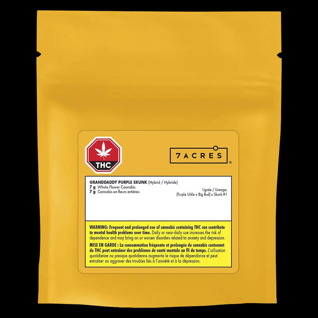 7ACRES Granddaddy Purple Skunk 7g dried flower cannabis pouch with red THC warning symbol and yellow Health Canada warning label