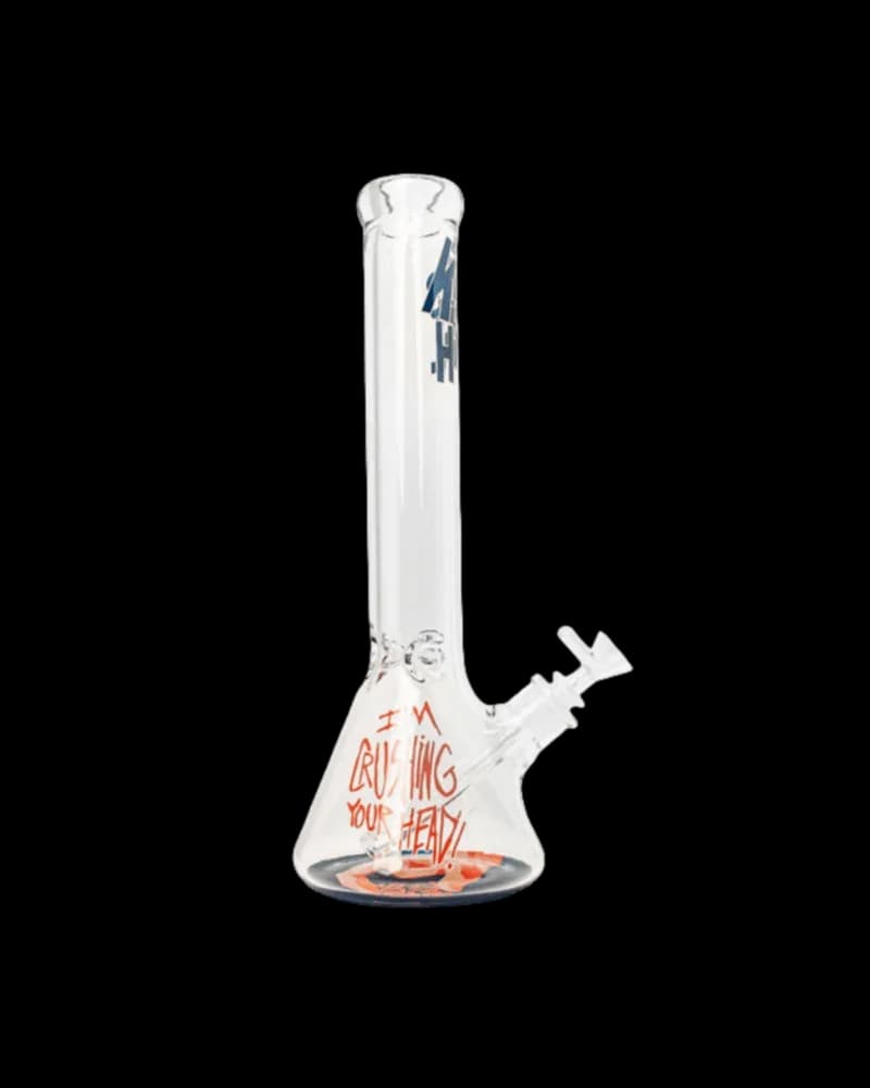Pipe à eau de type bécher «I'm Crushing Your Head» en verre borosilicate de 7 mm d'épaisseur avec bras latéral et design en texte rouge