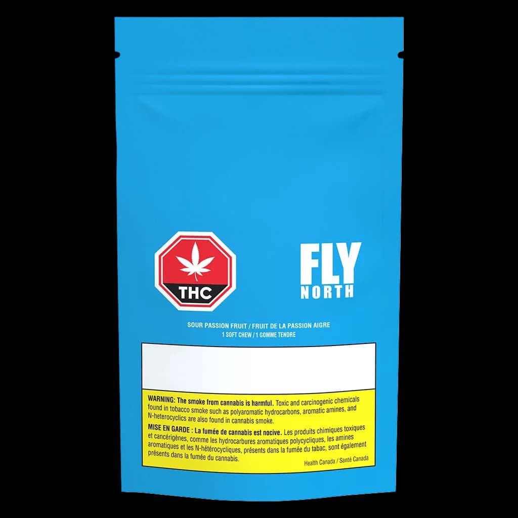 Fly North Sour Passion Fruit 1-soft chew cannabis edible package with blue pouch design, THC warning symbol, and Health Canada warning label