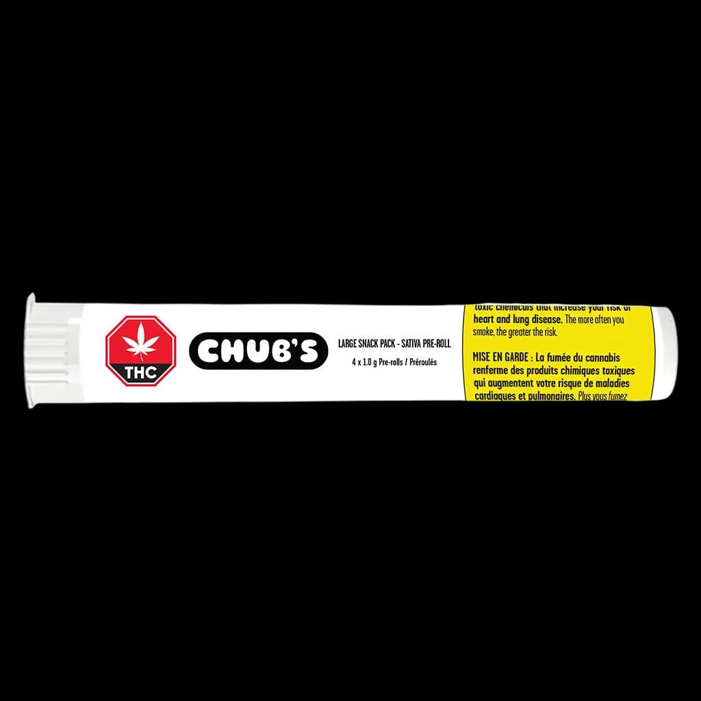 CHUB'S Large Snack Pack Sativa pre-roll, 4 x 1.0g pre-rolls in white tube with red THC logo and yellow Health Canada warning label