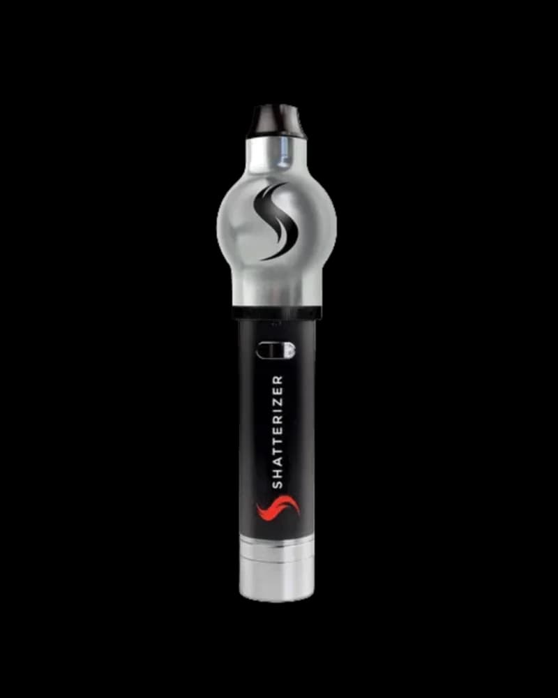 Shatterizer Silver cannabis vaporizer with black grip, silver globe chamber, and black mouthpiece against white background