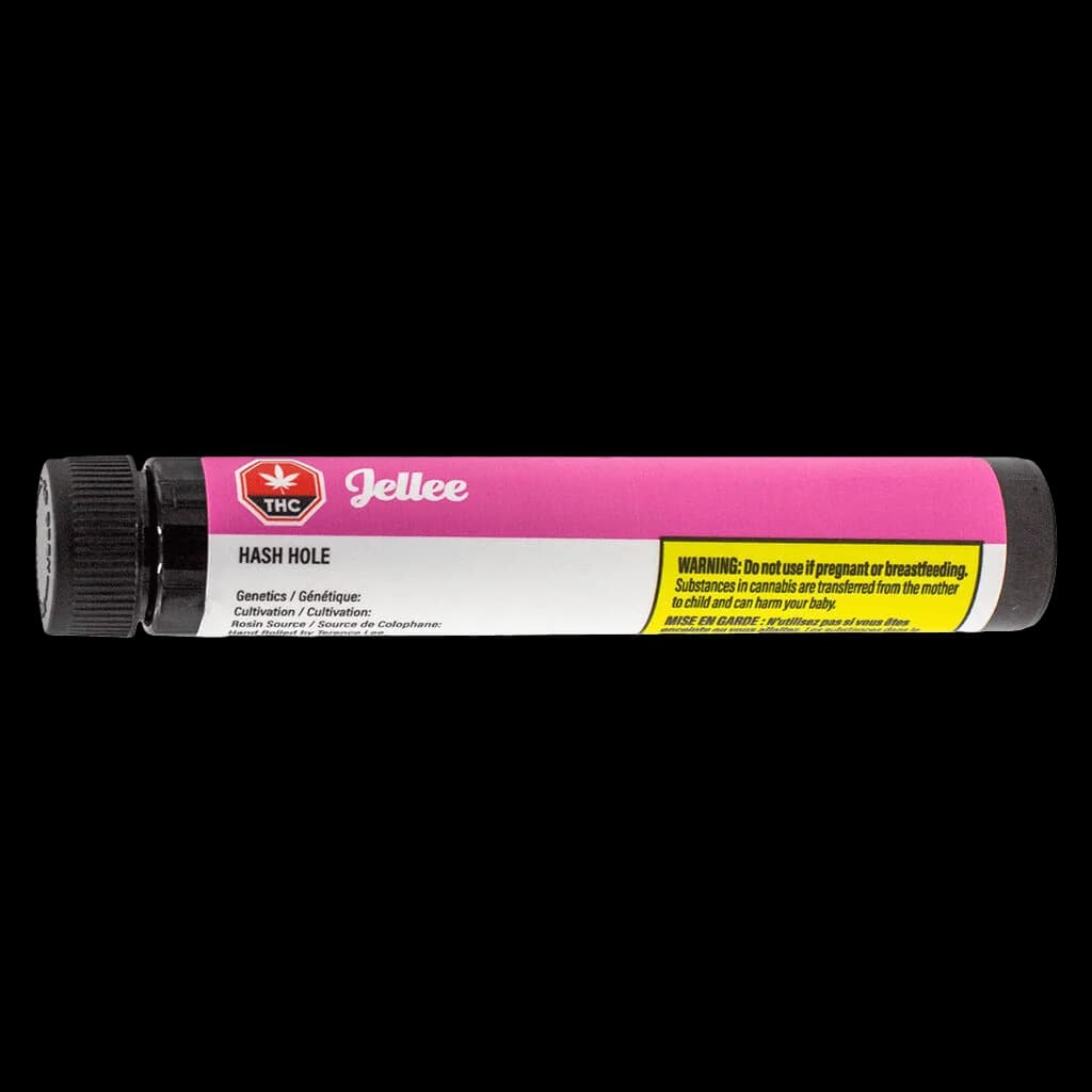 Pré-roulé de cannabis Hash Hole Jellee avec emballage rose et noir, logo bouclier THC et étiquette d'avertissement de Santé Canada