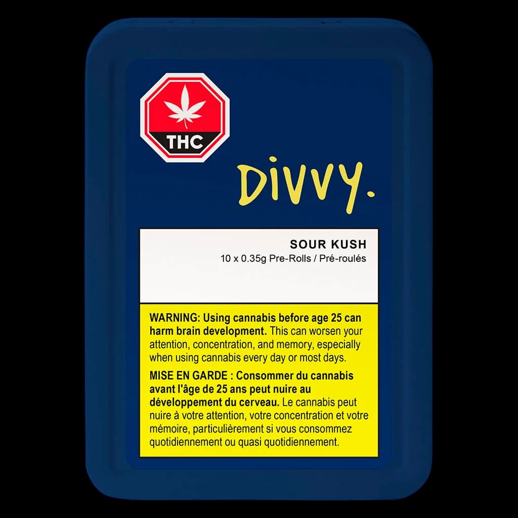 Divvy Sour Kush pre-roll pack, 10 x 0.35g, dark blue packaging with THC warning symbol and Health Canada yellow warning label
