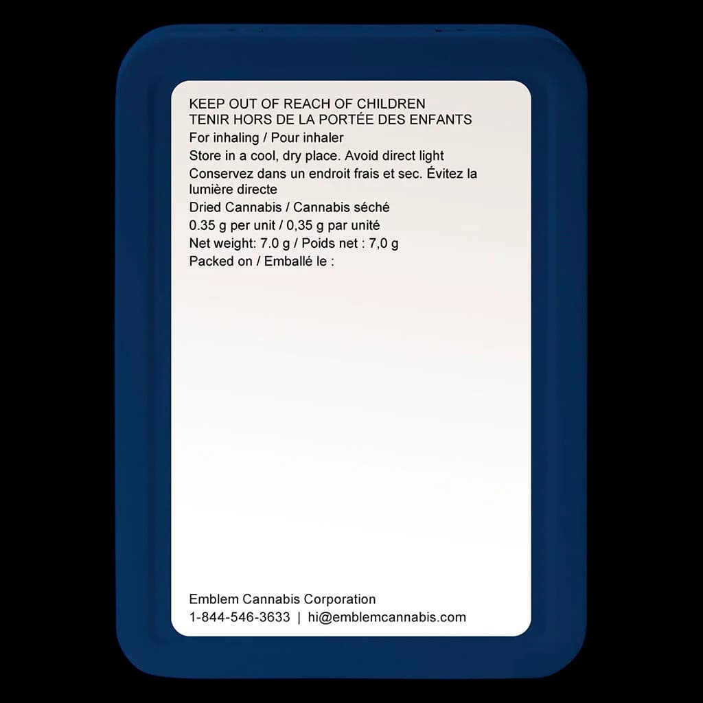 Divvy Sour Kush pre-roll package rear label showing storage instructions, 7.0g net weight, and Emblem Cannabis Corporation contact details