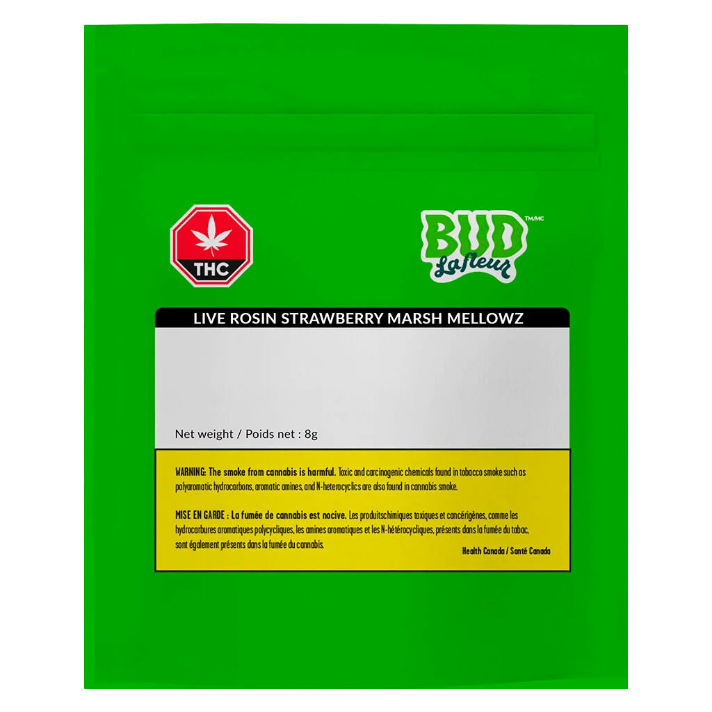 Bud Lafleur Live Rosin Strawberry Marsh Mellowz 8g soft chews package front with THC warning symbol and Health Canada warning label