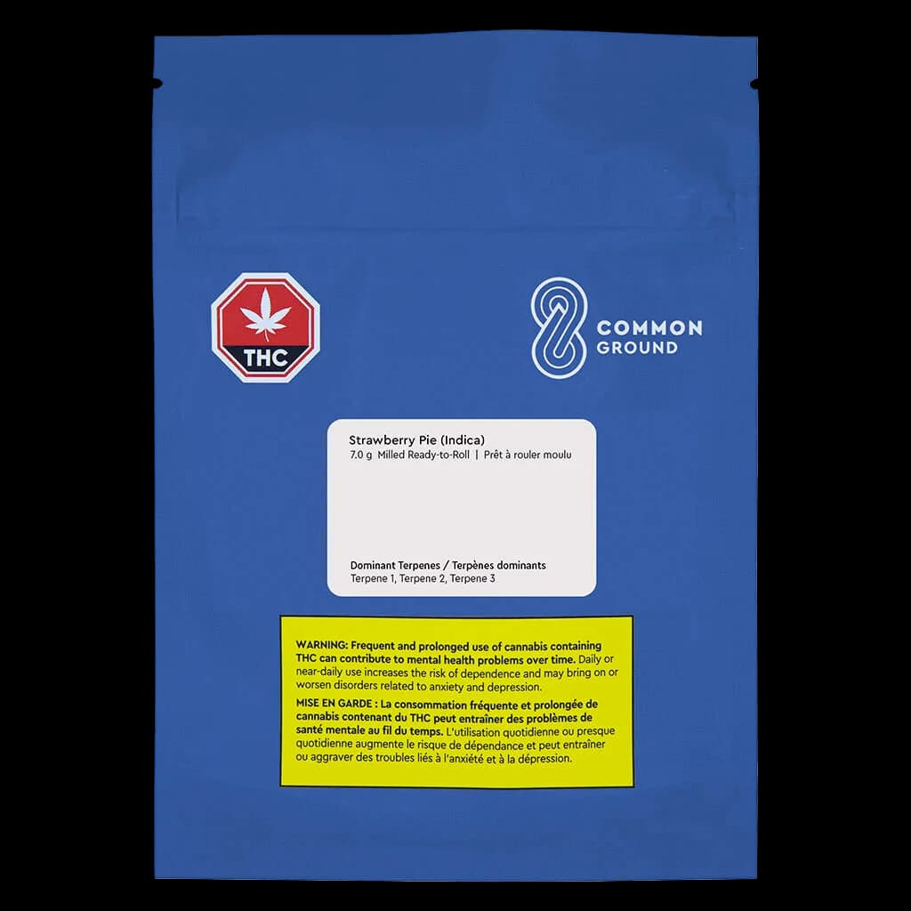 Emballage bleu de cannabis moulu prêt à rouler Common Ground Strawberry Pie indica 7,0 g avec symbole d'avertissement THC
