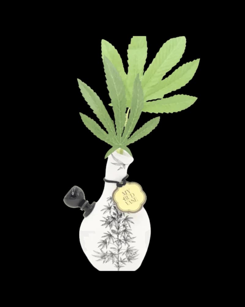 My Bud Vase Love Bud bong with white ceramic body, black stem, and yellow seal tag displaying cannabis leaf design