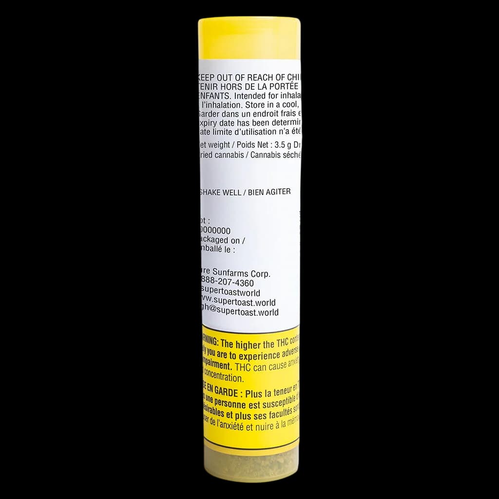 Super Toast Pop n' Pour Guavalicious 3.5g dried cannabis flower in cylindrical tube with yellow cap and warning labels