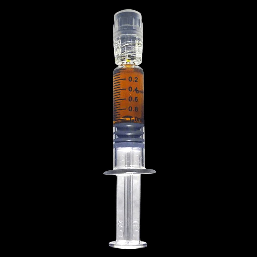 Seringue de concentré de cannabis Phoenix Tears de Stigma Grow avec graduations et résine ambrée visible