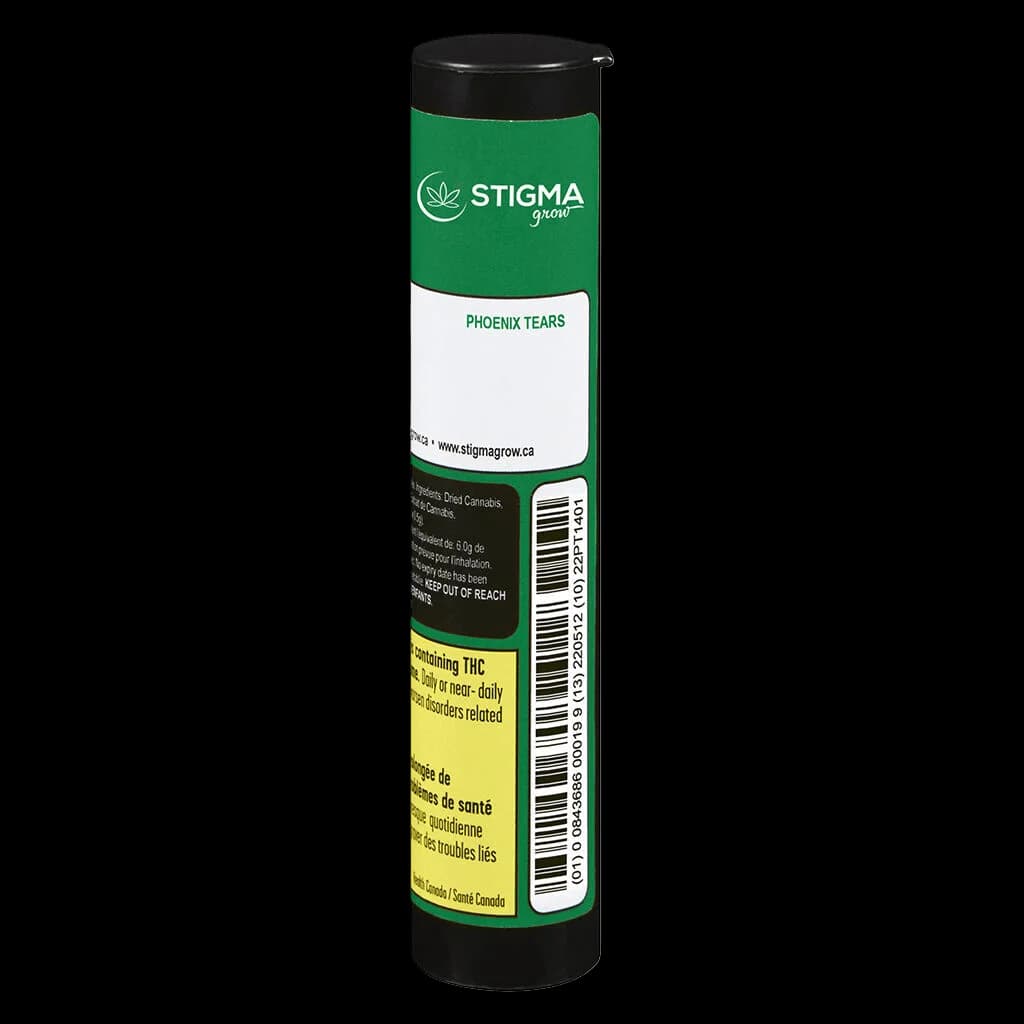 Résine de cannabis Phoenix Tears de Stigma Grow en tube noir avec étiquette verte et blanche, 5,0 g