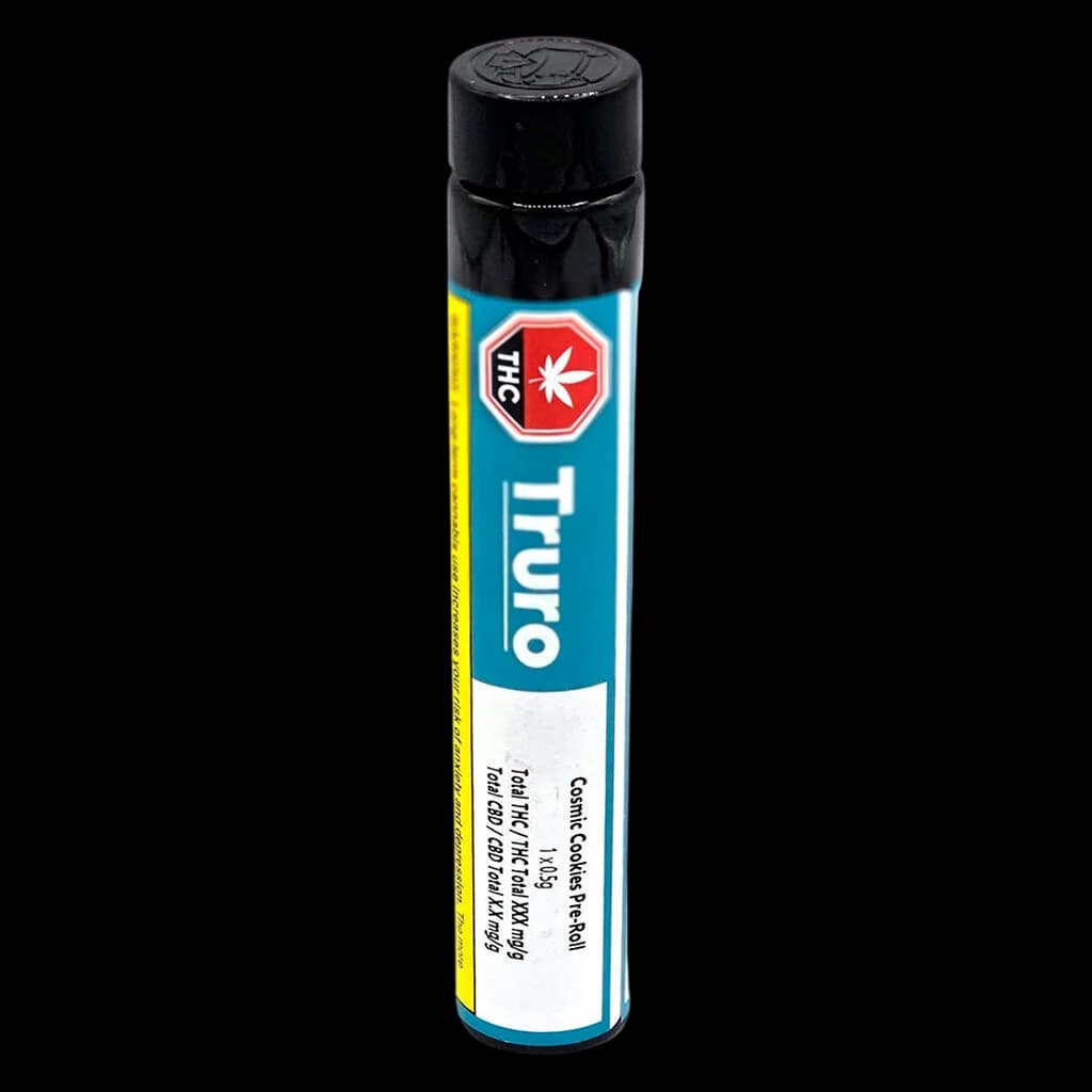 Truro Cosmic Cookies pre-roll in blue and white packaging with black cap