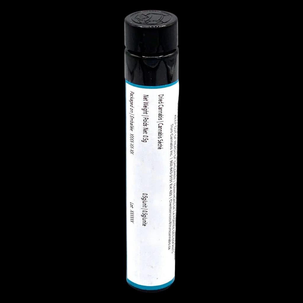 Truro Cosmic Cookies pre-roll, 0.5g single joint in white tube with blue band and black cap