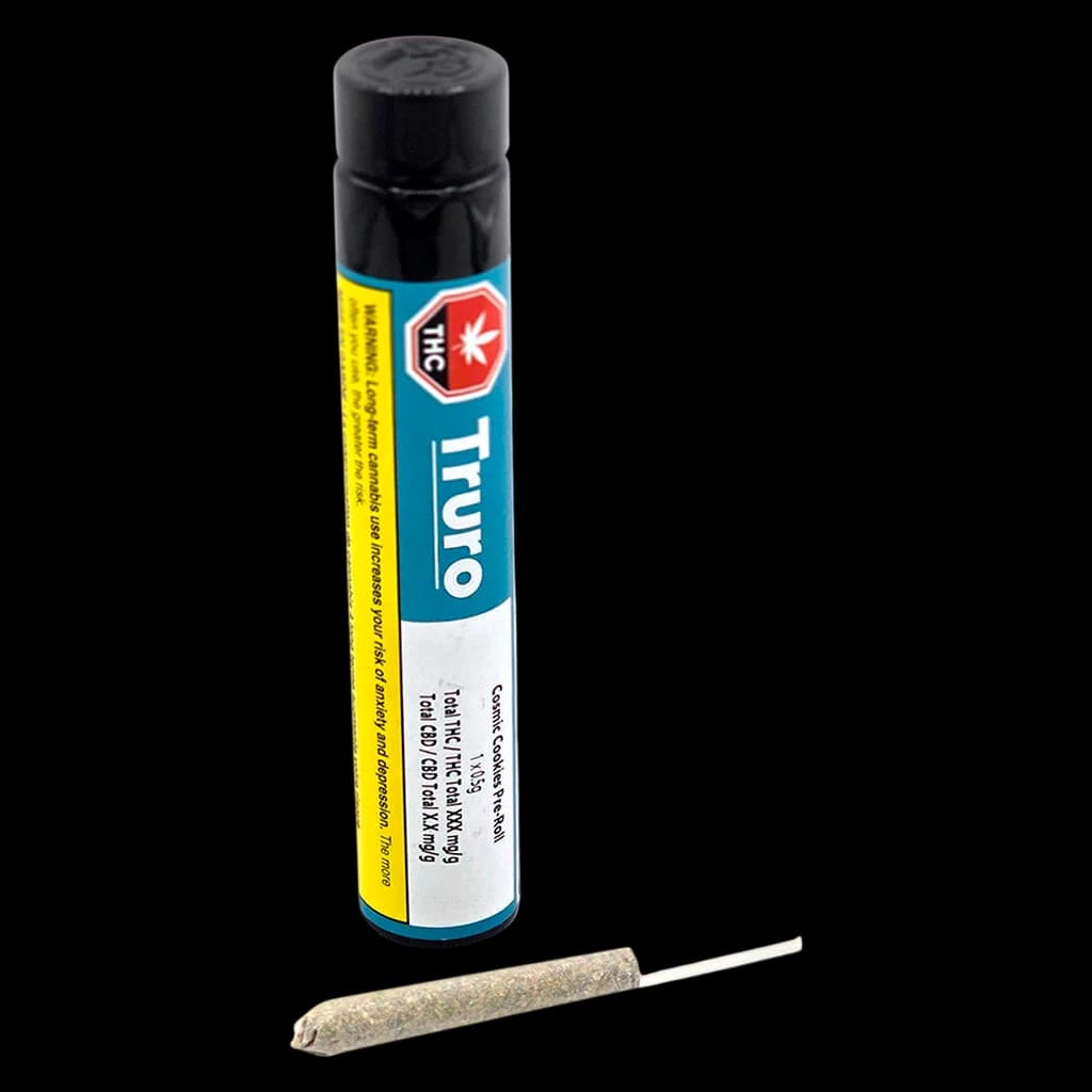 Truro Cosmic Cookies pre-roll with packaging tube showing THC content and cannabis product labeling