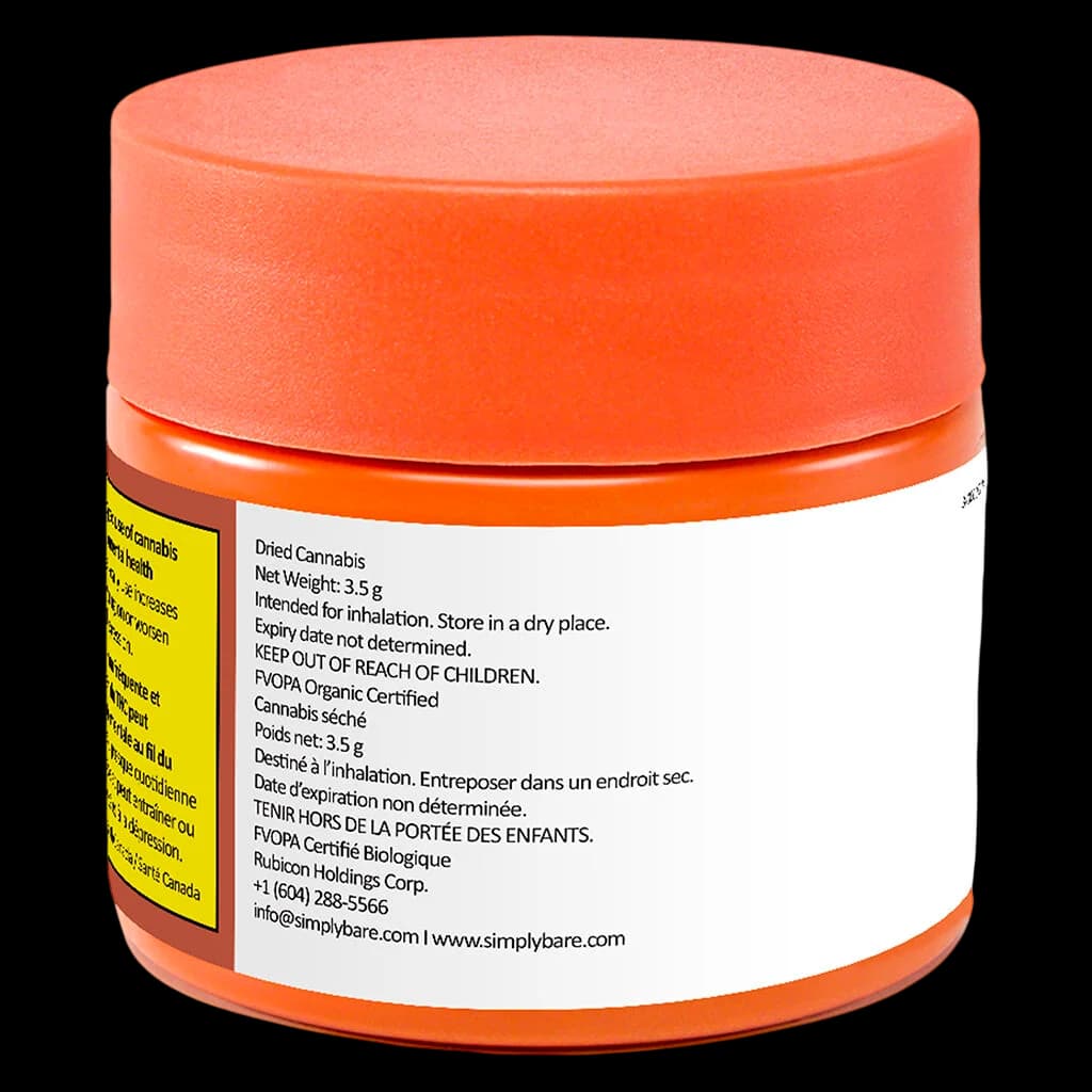 Simply Bare BC Organic Mandarin Zktz 3.5g dried cannabis flower in orange glass jar with white label