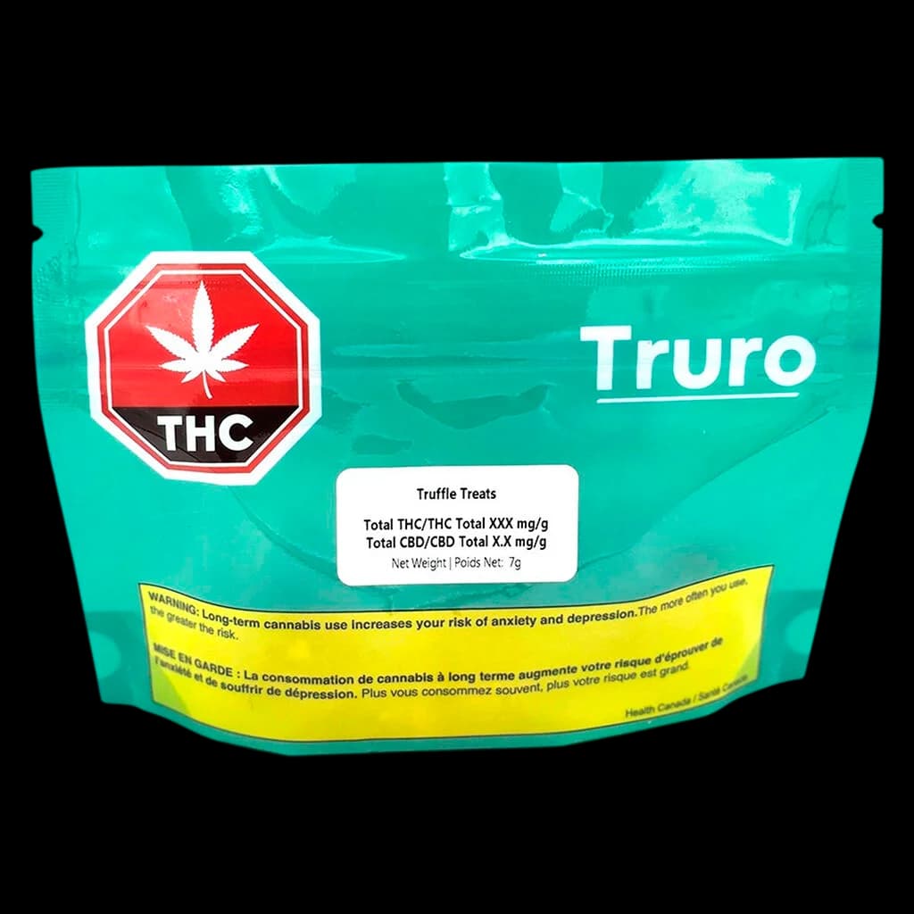 Truro Truffle Treats 7g cannabis edibles package with turquoise pouch, red THC symbol, and yellow Health Canada warning label