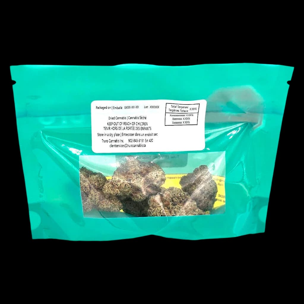 Truro Truffle Treats dried cannabis flower in turquoise pouch with clear window displaying buds and yellow label
