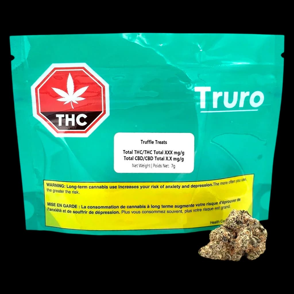 Truro Truffle Treats 7g dried flower cannabis pouch with sample buds displayed in front