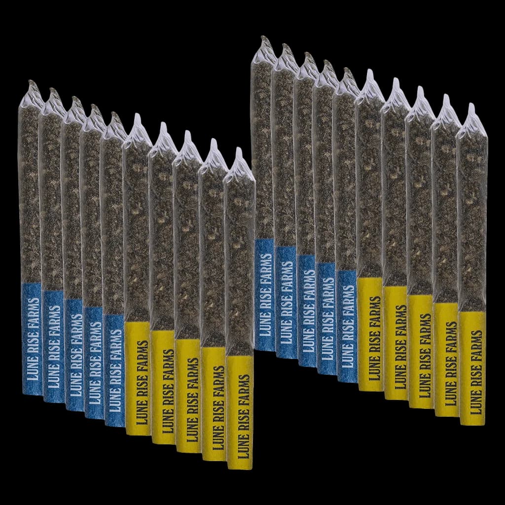 Lune Rise Farms pre-roll variety pack with multiple cannabis pre-rolls displayed, showing blue and yellow branded sleeves and cannabis flower visible at tips