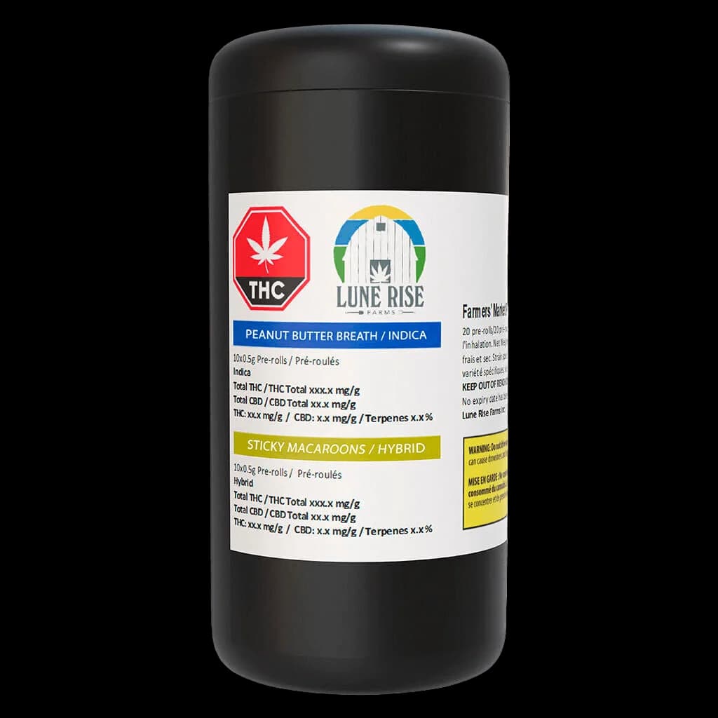 Lune Rise Farms Farmers' Market pre-roll variety pack with black cylindrical container, featuring Peanut Butter Breath indica and Sticky Macaroons hybrid strains