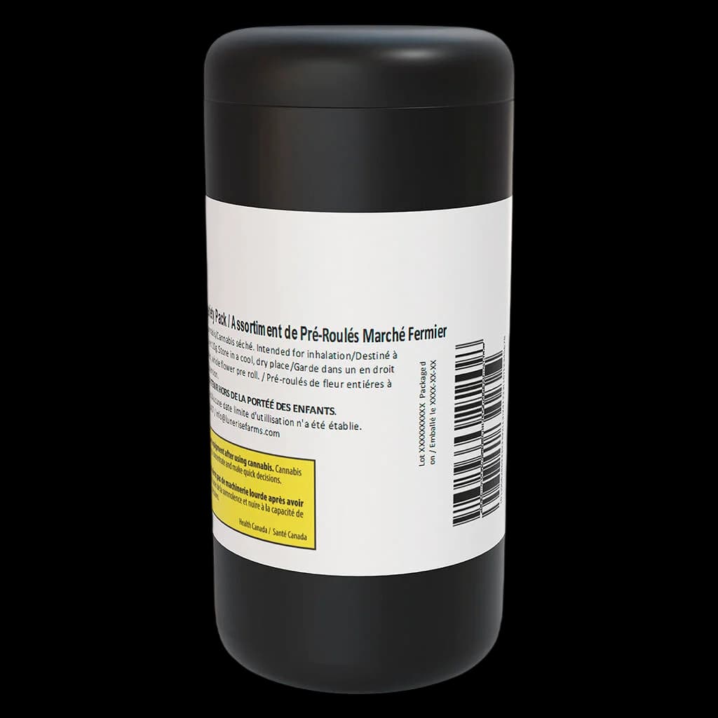 Lune Rise Farms Farmers' Market Pre-Roll Variety Pack in black and white cylindrical container with yellow Health Canada warning label