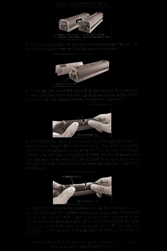 RAW 2-Way Hemp Plastic Roller instruction manual showing size adjustment, open/close mechanism, tobacco rolling technique, and gummed edge application for regular and skinny cigarettes