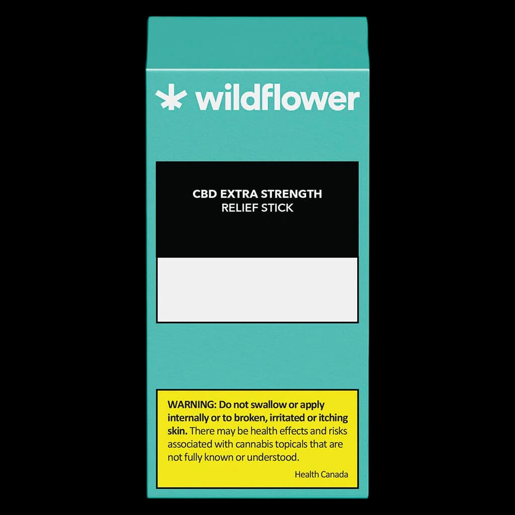Wildflower CBD Extra Strength Relief Stick packaging with turquoise box design and Health Canada warning label