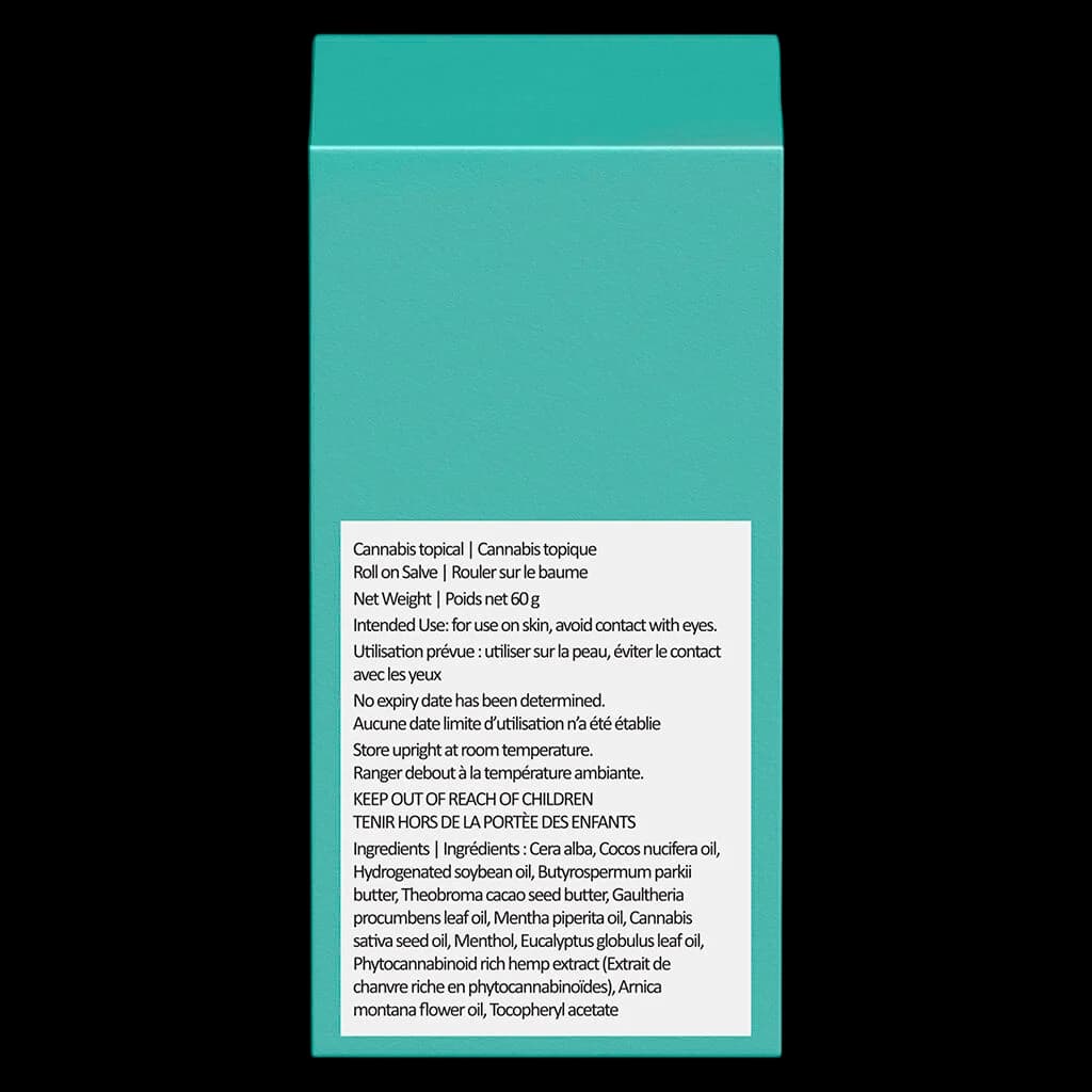 Wildflower cannabis topical roll-on salve, 60g net weight, turquoise packaging with ingredient and usage information label