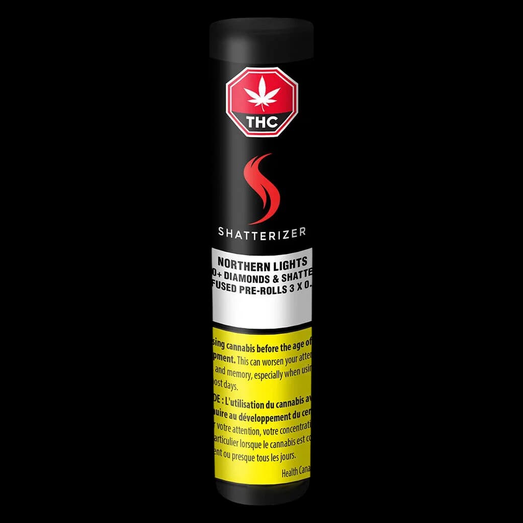 Shatterizer Northern Lights 60+ Diamonds & Shatter Fused Pre-Rolls 3 x 0.6g pack with THC warning label and yellow Health Canada advisory band