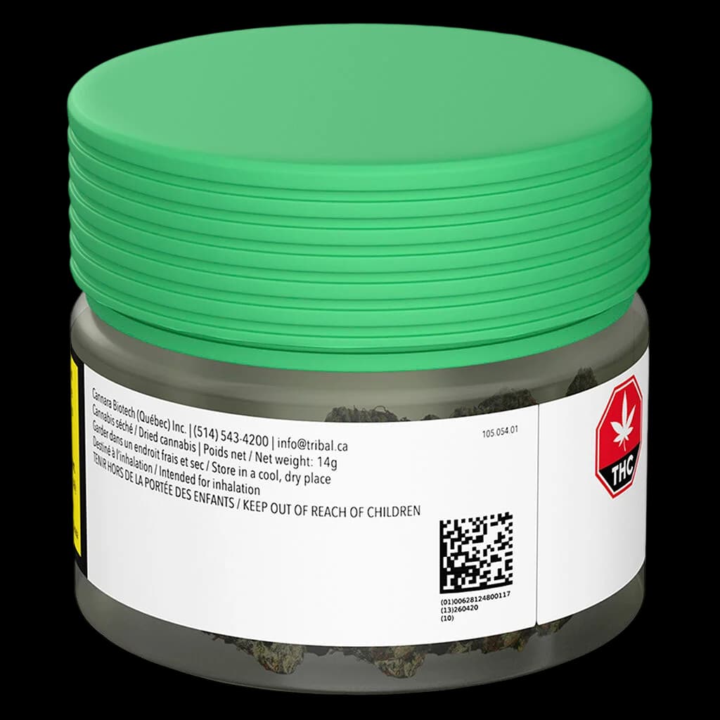 Tribal Bubble Up 14g cannabis dried flower in green jar with white label and QR code