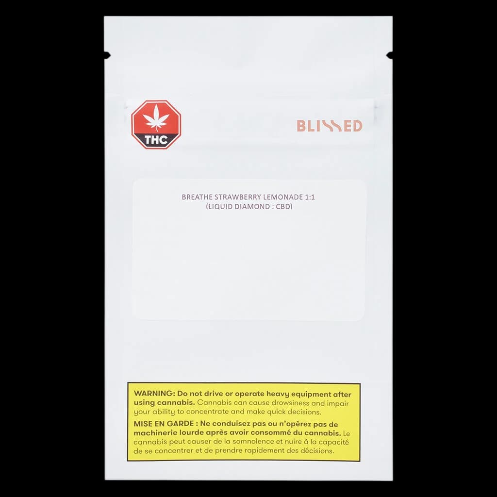 Blissed Breathe Strawberry Lemonade 1:1 Liquid Diamond CBD cannabis vape packaging with red THC symbol and yellow Health Canada warning label