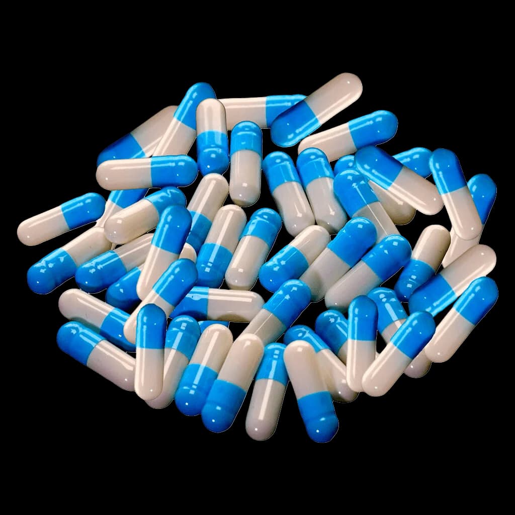 Plush Popz Full Spectrum High THC capsules, 50-pack, blue and white gelatin capsules