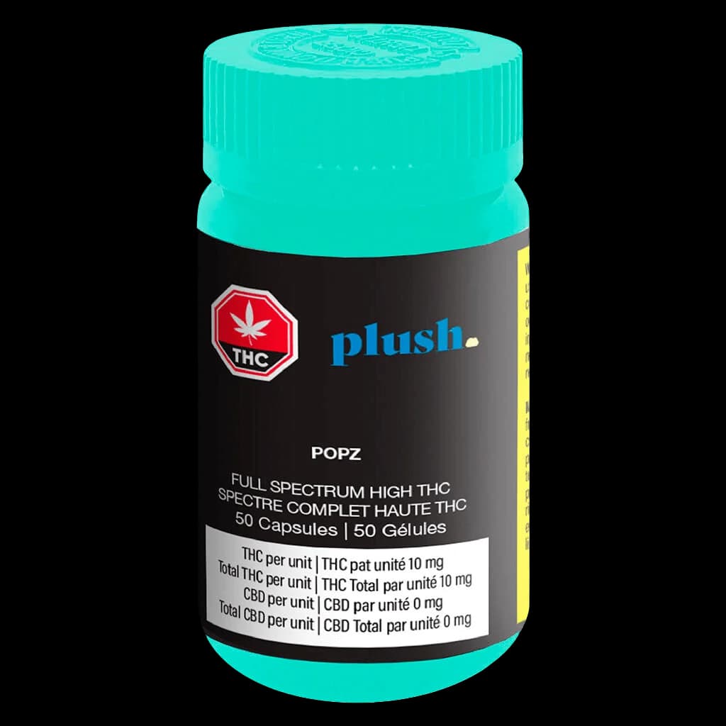 Plush Popz Full Spectrum High THC capsules, 50-count bottle with turquoise cap and black label showing 10mg THC per unit