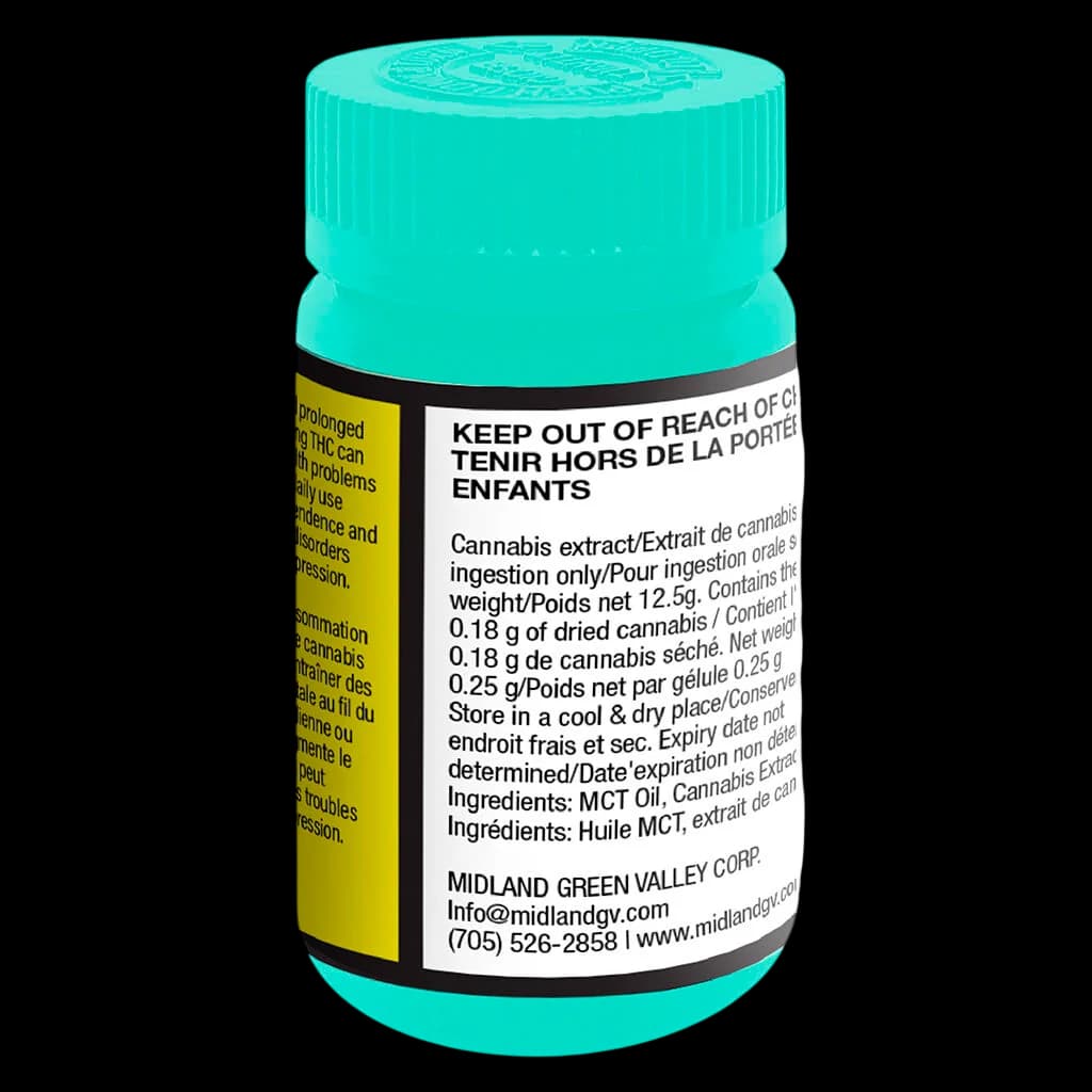 Midland Green Valley cannabis extract capsules 12.5g bottle with turquoise cap, 50 capsules