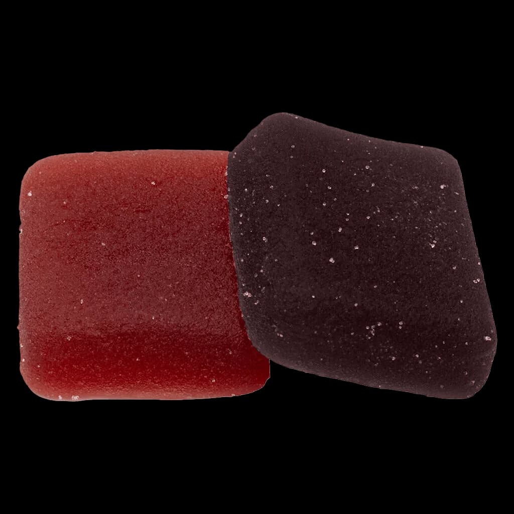 Wyld CBD Real Fruit Mixed Berry soft chews, red and dark purple gummies with sugar coating