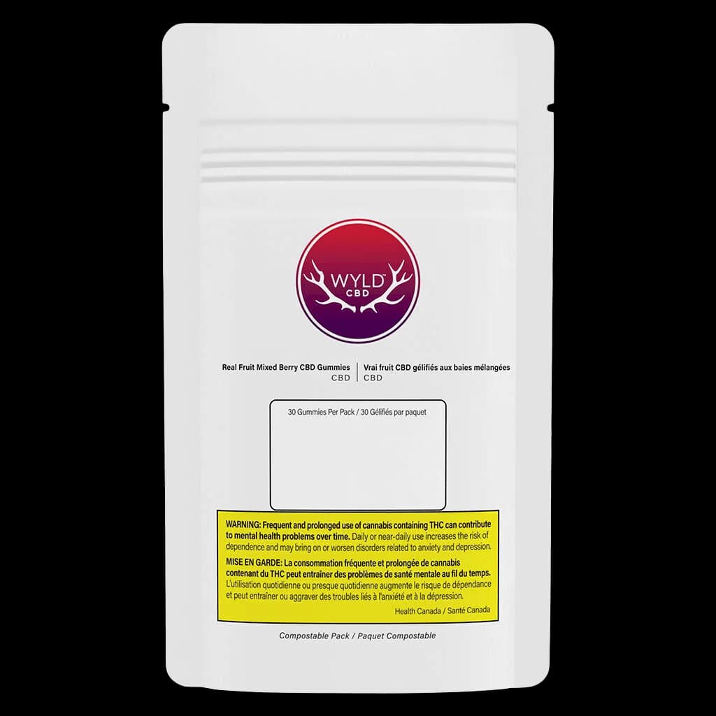 Wyld CBD Real Fruit Mixed Berry gummies, 30-pack, front packaging with red and purple circular logo and Health Canada warning label