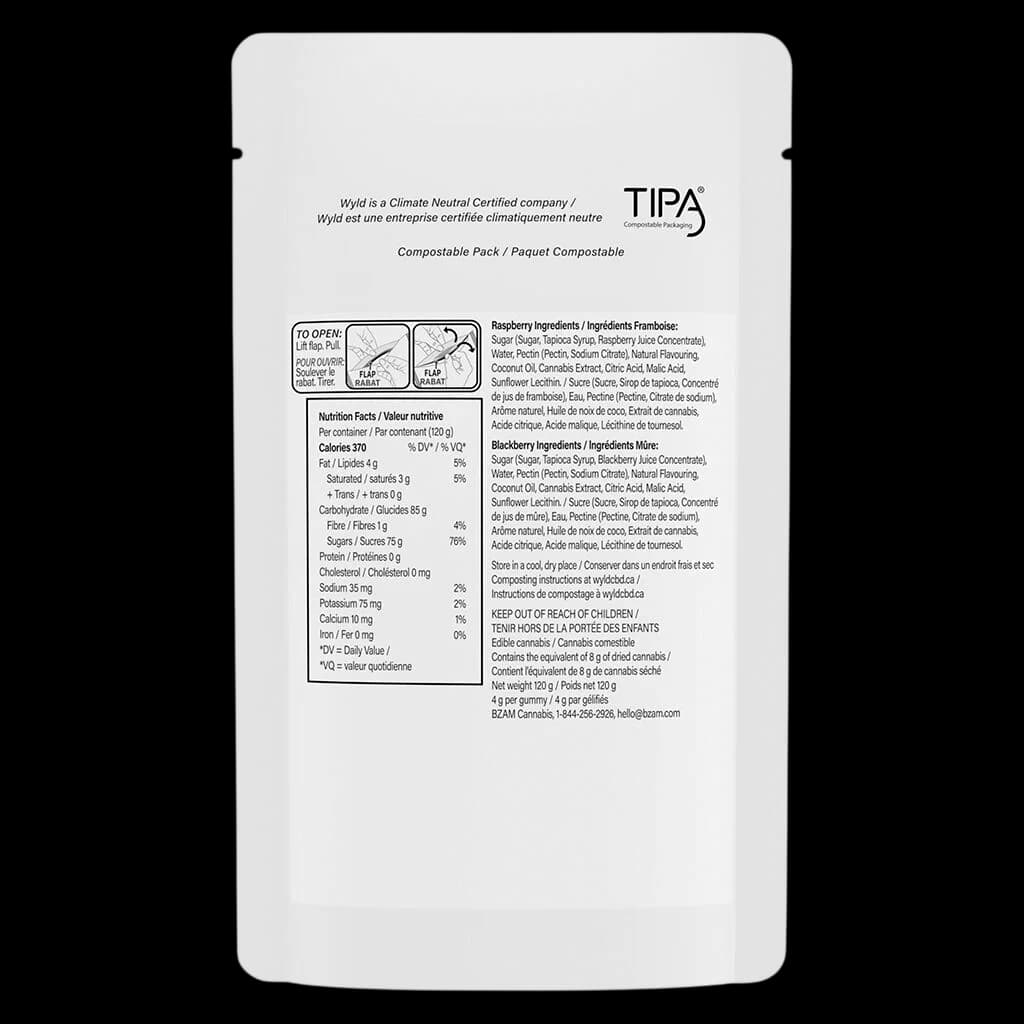 Wyld CBD Real Fruit Mixed Berry soft chews 120g pouch back panel showing nutrition facts, ingredients, and cannabis extract content