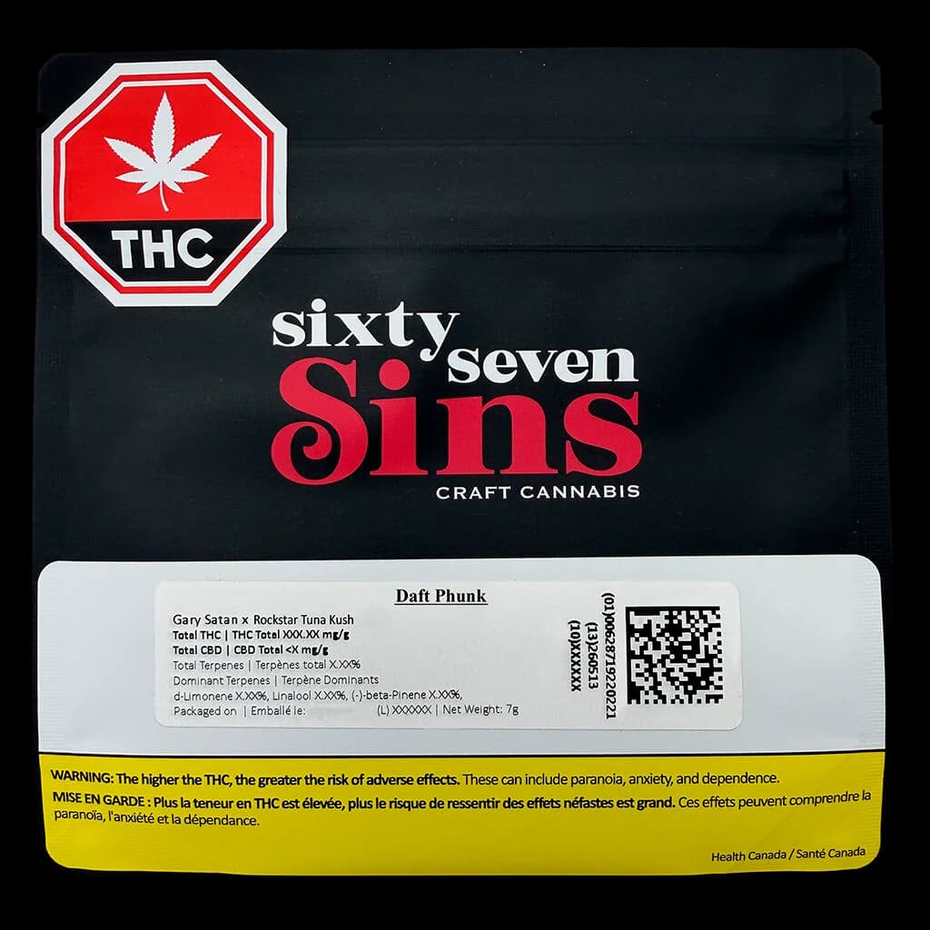 Sixty Seven Sins Daft Phunk 7g cannabis dried flower pouch with red THC warning symbol and yellow Health Canada warning label