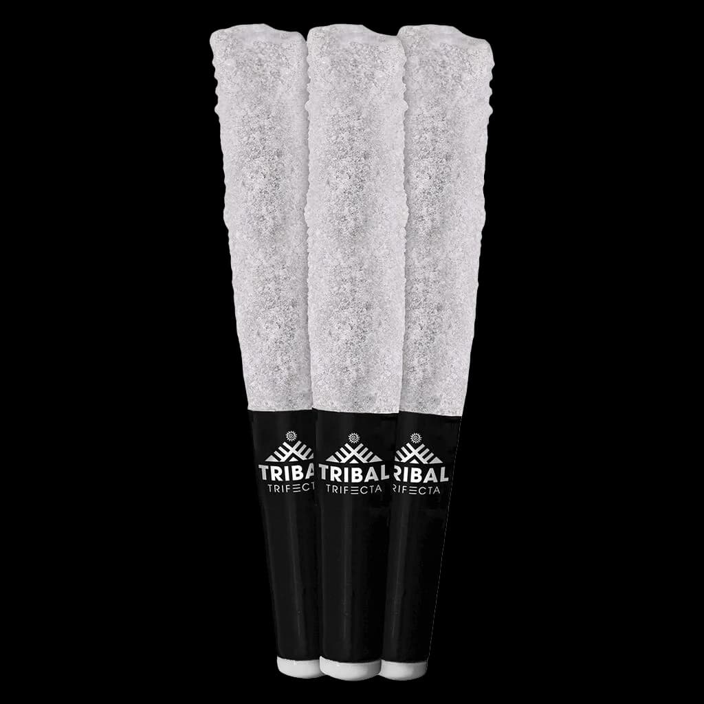 Tribal Trifecta Porto Leche infused pre-rolls, 3-pack with kief-coated tips and black branded sleeves